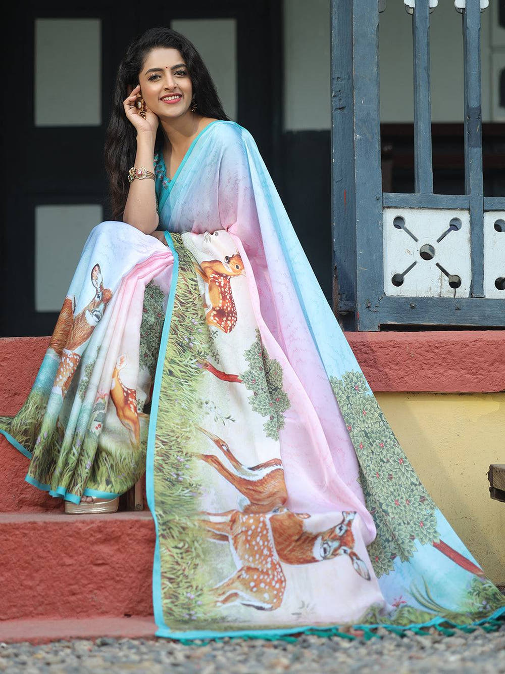 Satin Georgette Multi Colour Hand Print Saree - Luxe