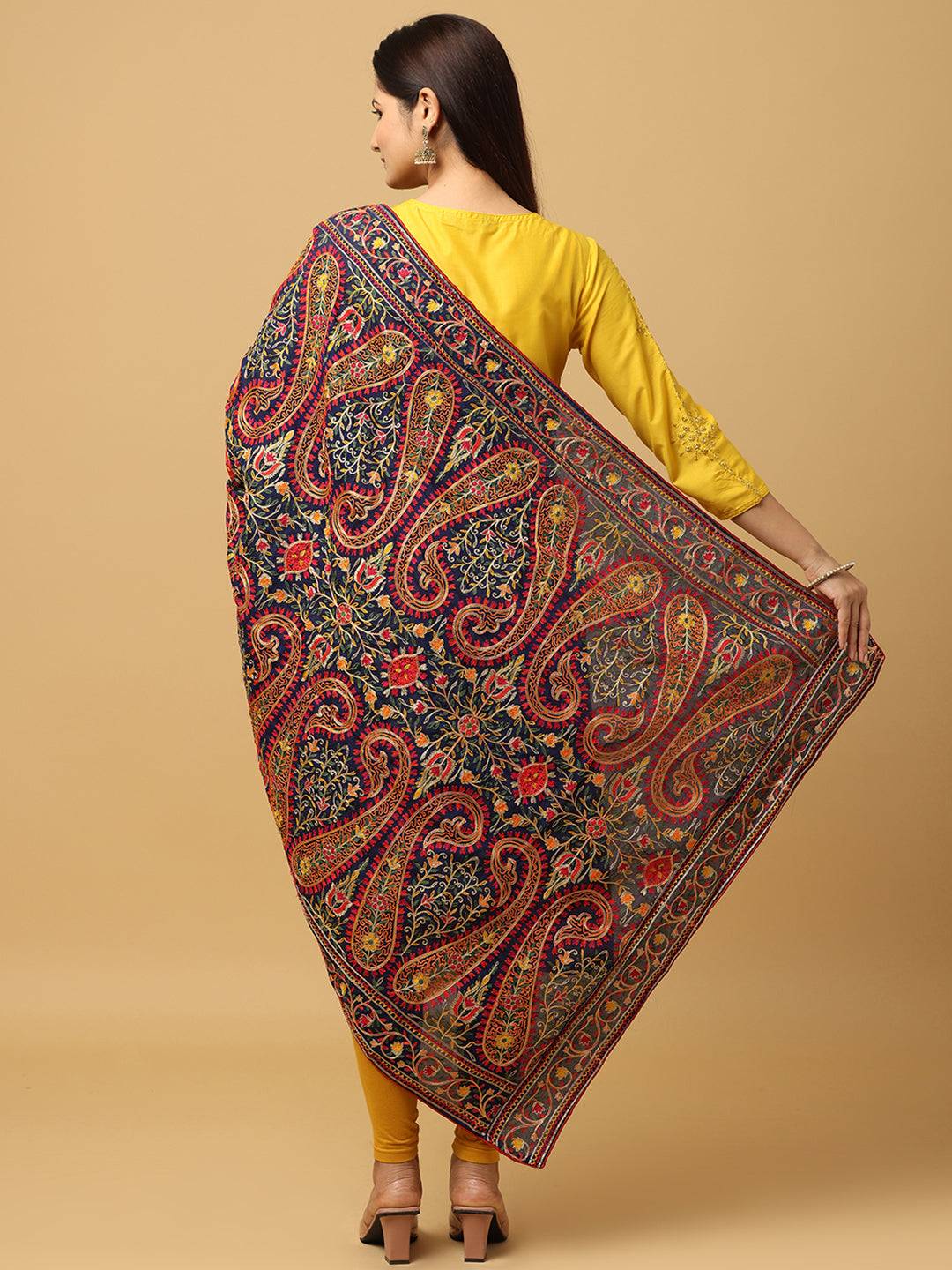 Navy Ornate Paisley Panel Pashmina Dupatta