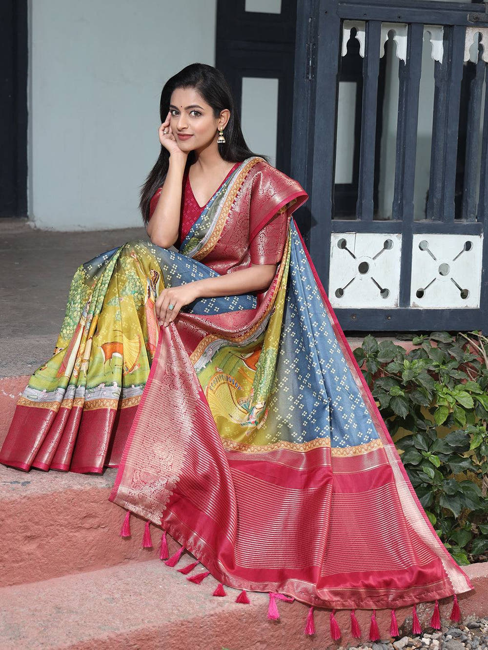 Blue Pure Viscose Dola Silk Saree with Exquisite Bandhej Print - Luxe