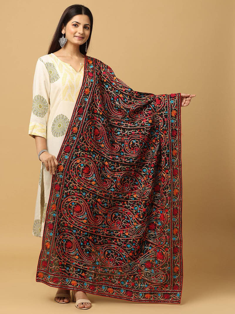 Black Green Red Floral Jaal Pashmina Dupatta