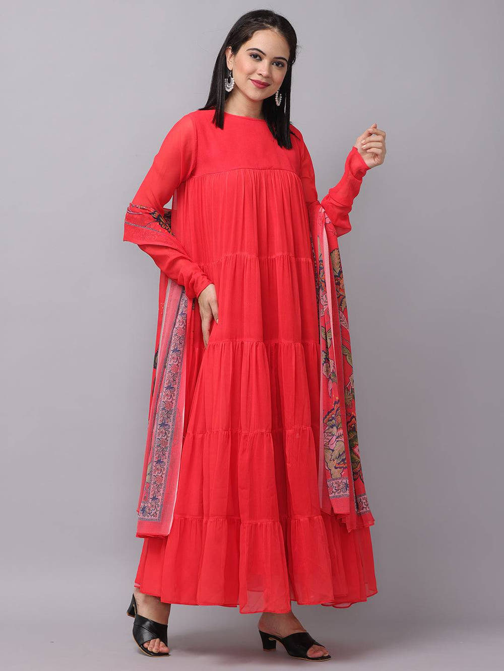 Fiery Red Churidar Sleeves Dress