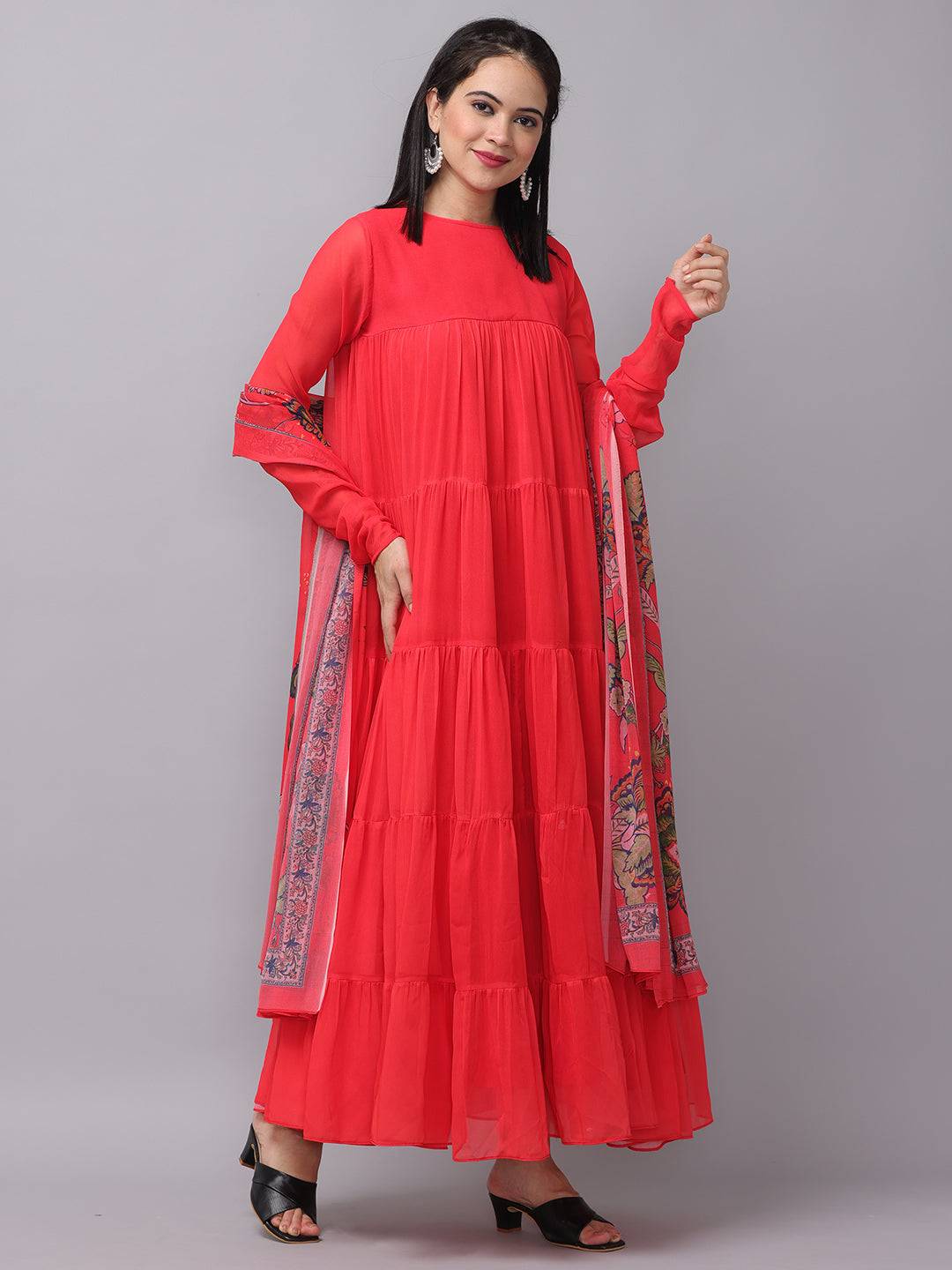 Fiery Red Churidar Sleeves Dress