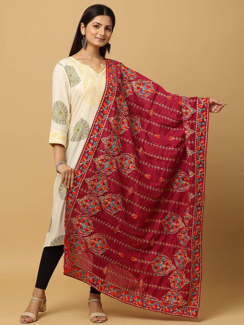 Wine Magenta Fine Work Pashmina Dupatta