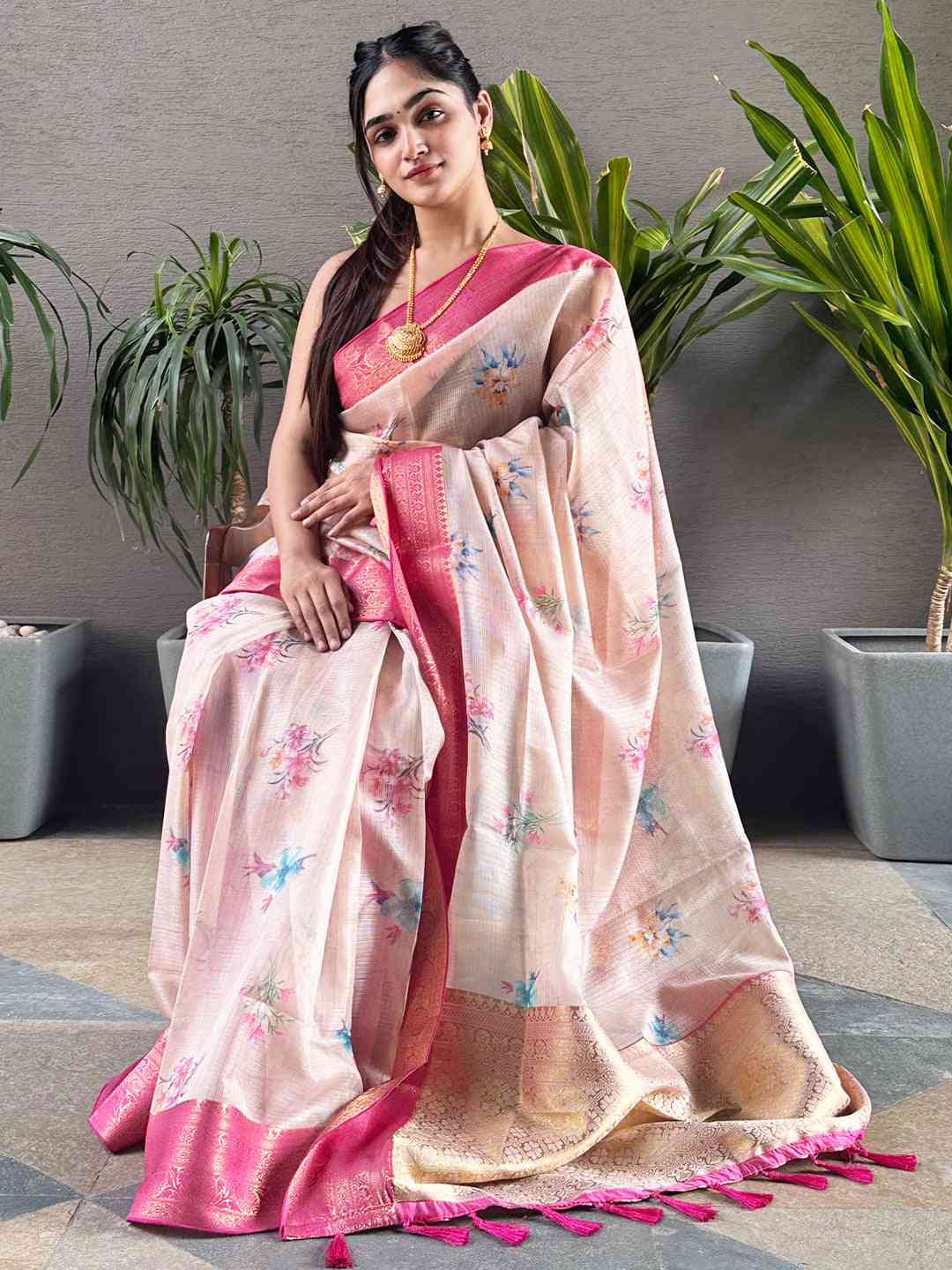Peach Colour Digital Flower Print Kota Silk Saree