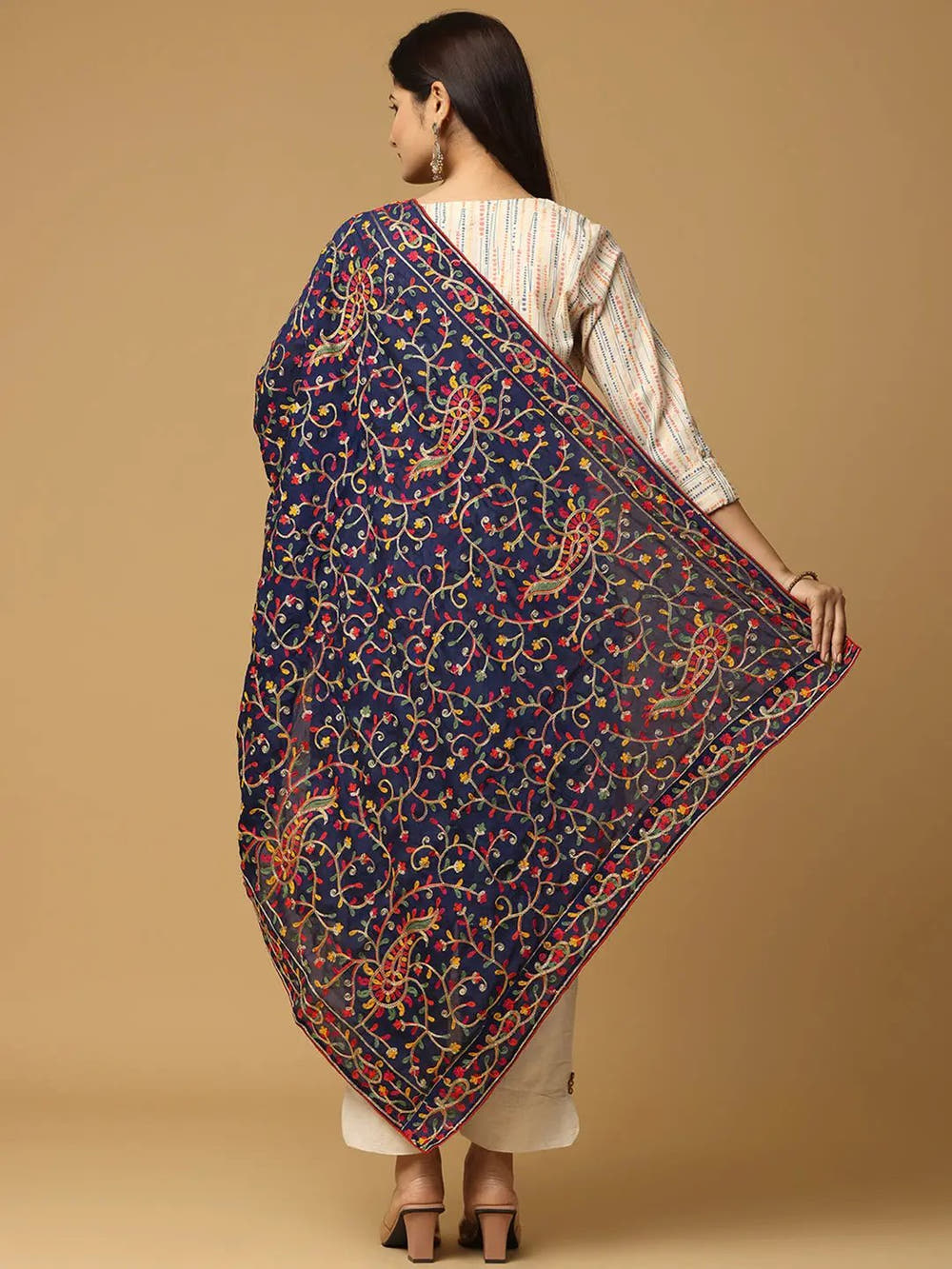 Navy Fine Paisley Border Pashmina Dupatta