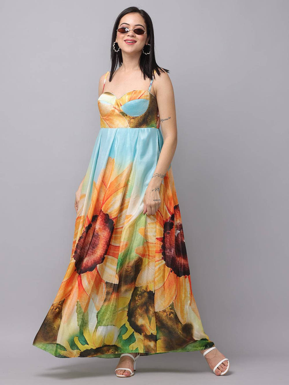 Multi Color Floral Print Long Dress