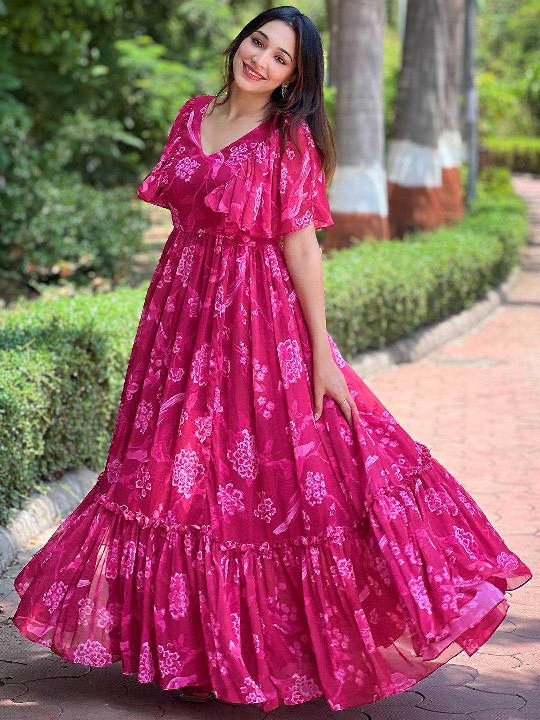 Pink Peony V-neck Flary Dress