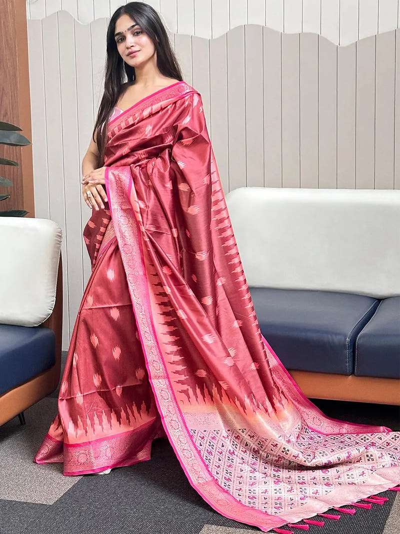 Brown Soft Banarasi saree With Zari Patola Pallu.