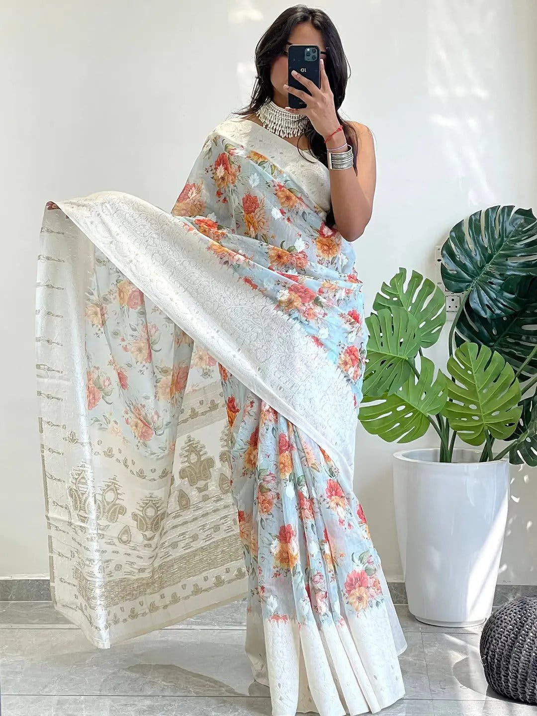Multi Colour Digital Print Bollywood Saree in Lakhnavi Slub Pattern