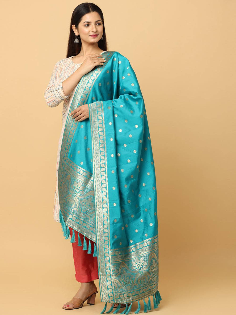 Woven Design Silk Blend Turquoise Colour Dupatta