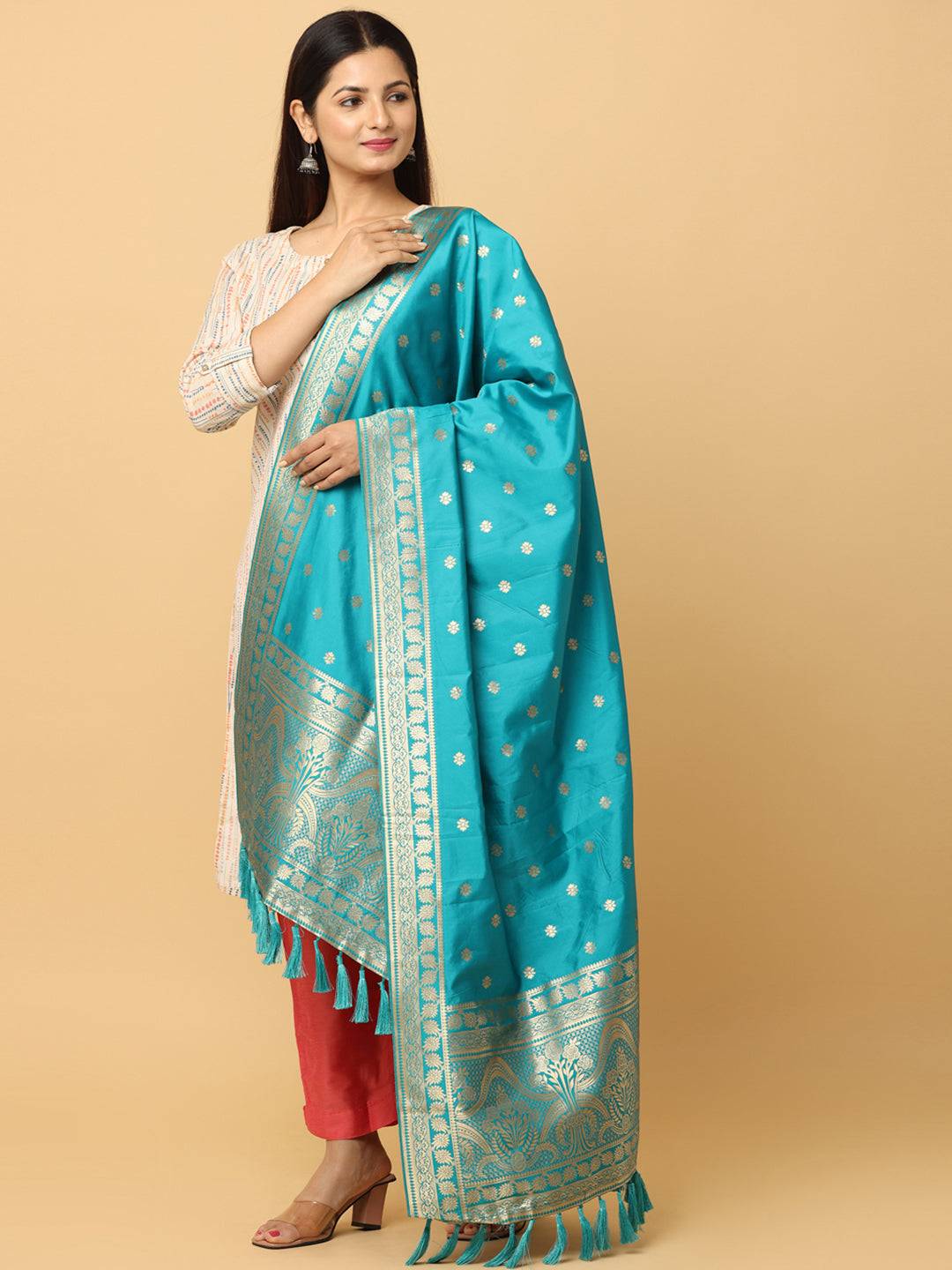 Woven Design Silk Blend Turquoise Colour Dupatta