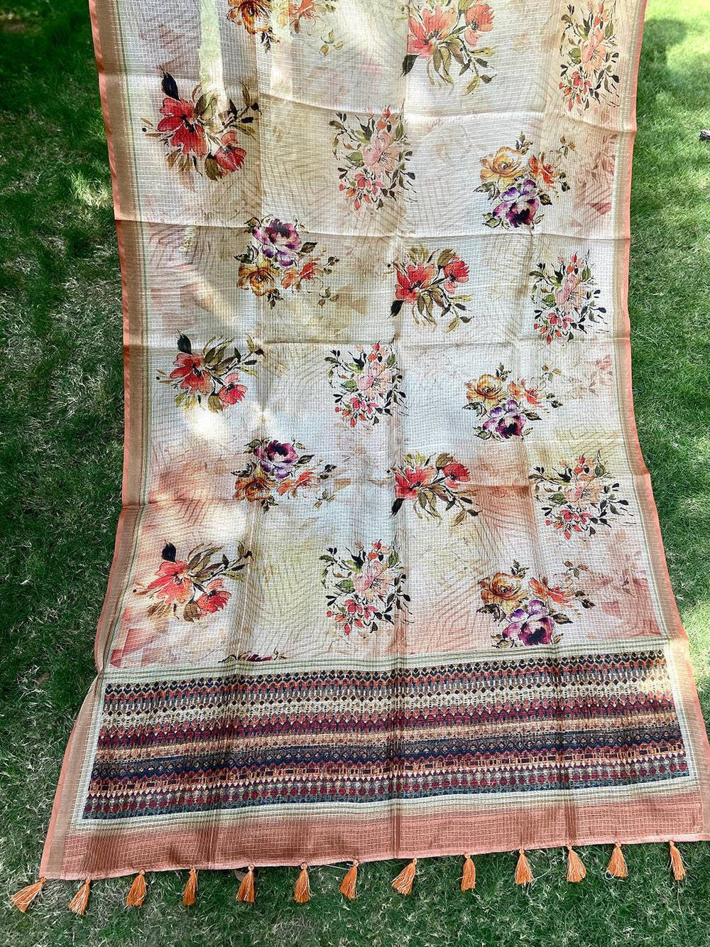 Traditional Peach Colour Soft Kota Doriya Silk Saree With Flower Print