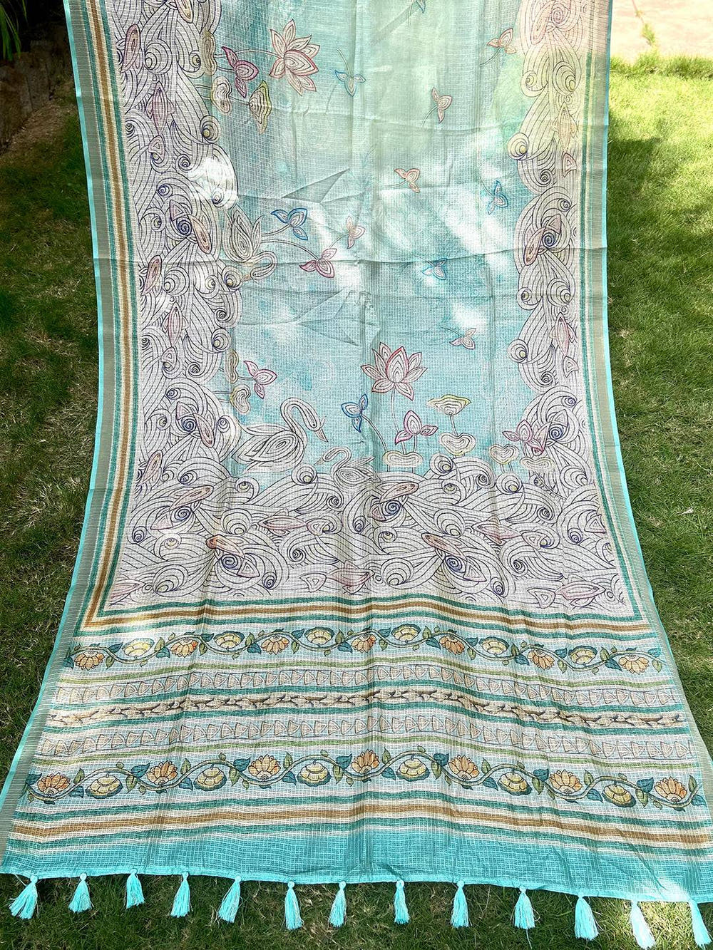 Turquoise Soft Kota Doriya Silk Saree With Flower Kalamkari Print