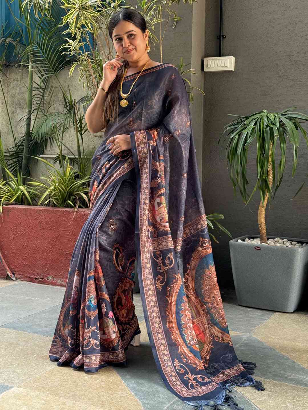 Blue Linen Saree With Digital Print & Majestic Border