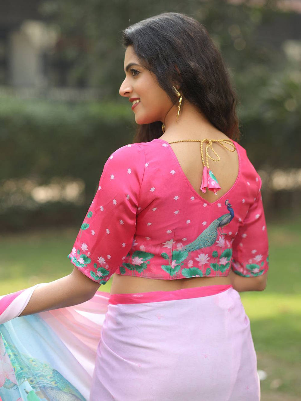 Satin Georgette Light Pink Colour Hand Print Saree - Luxe