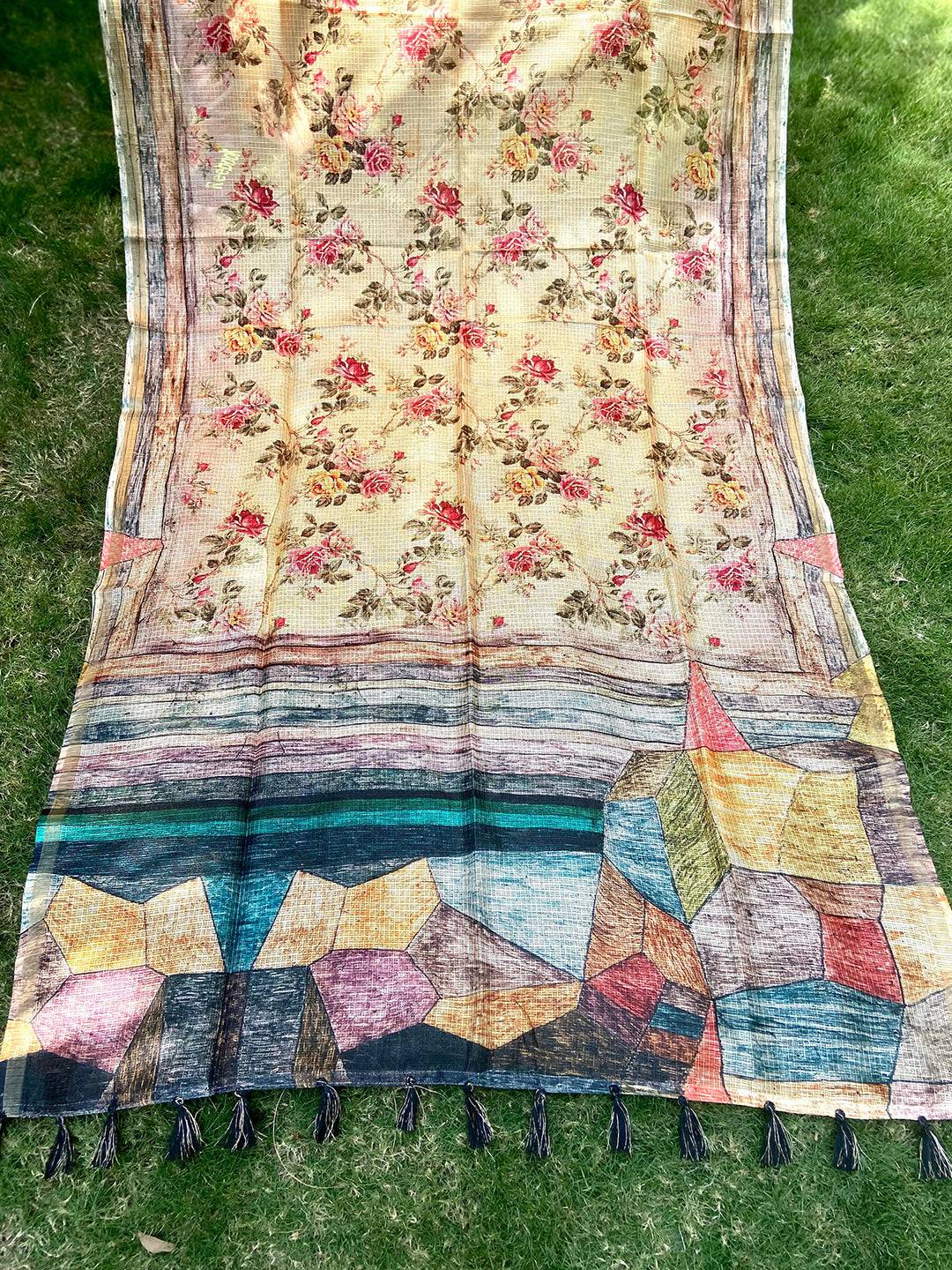 Cream Colour Soft Kota Doriya Silk Saree With Flower & abstect Prints