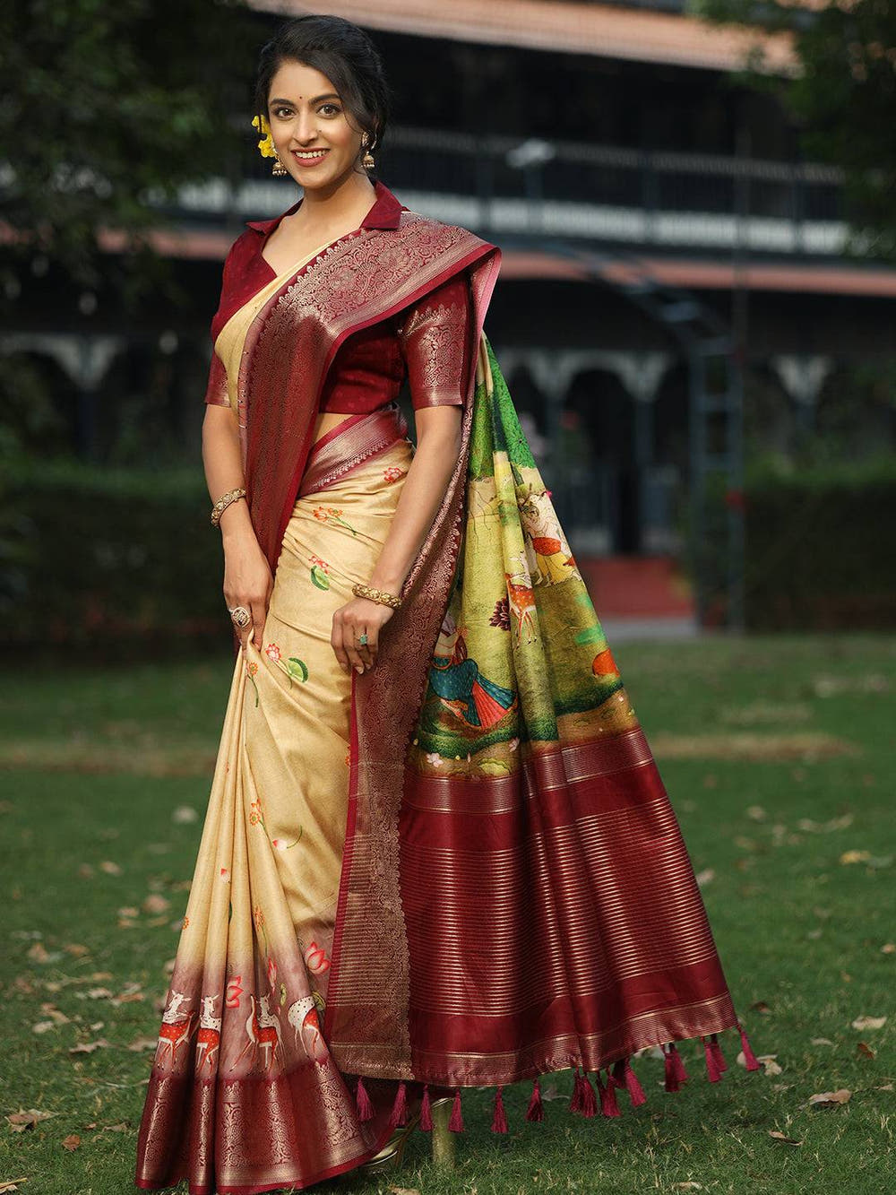 Pichwai Print Zari Weaving Pallu Saree In Yellow Colour - Luxe