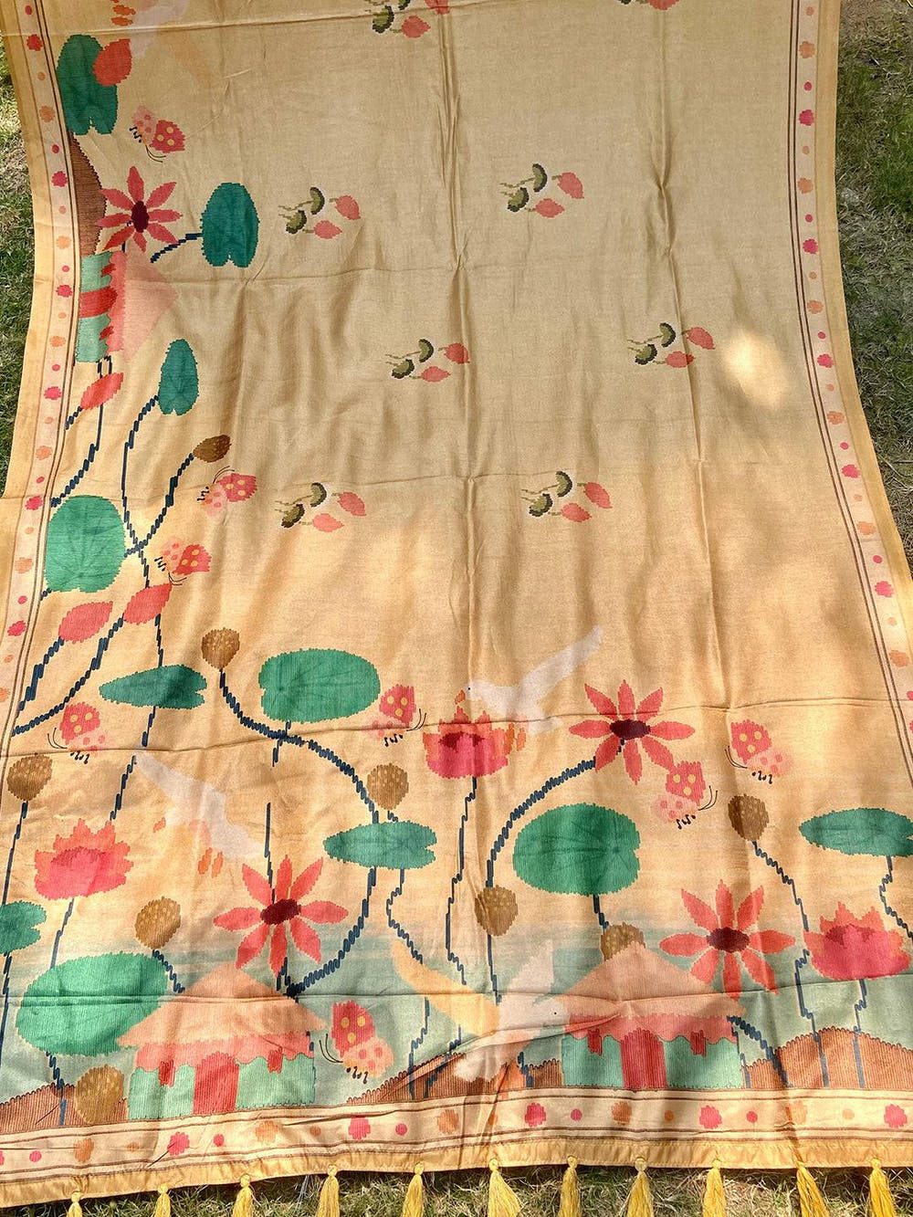 Gold Tussar Silk Saree With Freehand Ikkat Kalamkari Print
