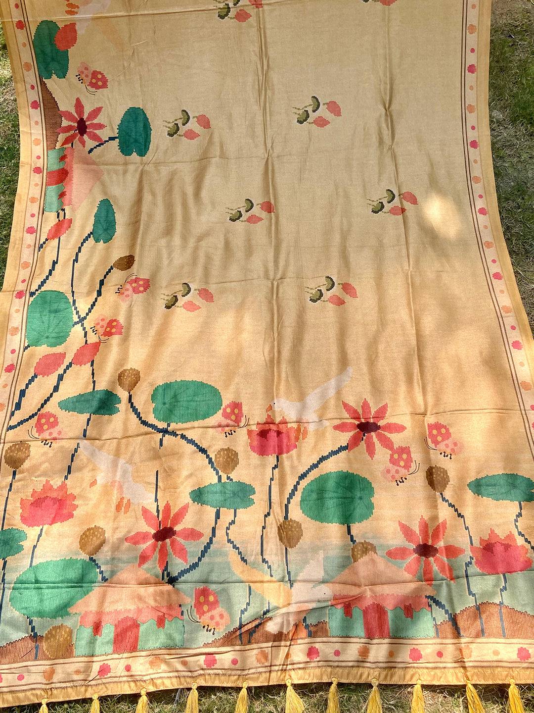 Gold Tussar Silk Saree With Freehand Ikkat Kalamkari Print