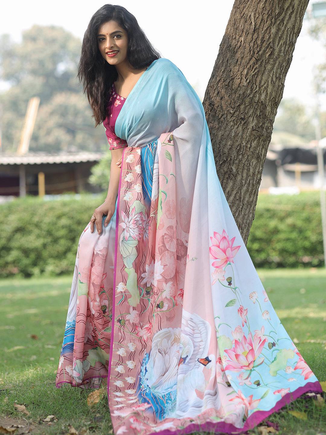 Satin Georgette Sky Blue Colour Hand Print Saree - Luxe