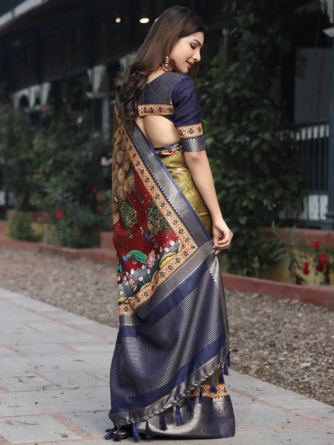 Olive Colour Pure Viscose Dola Silk Saree with Pichwai Kalamkari Print - Luxe