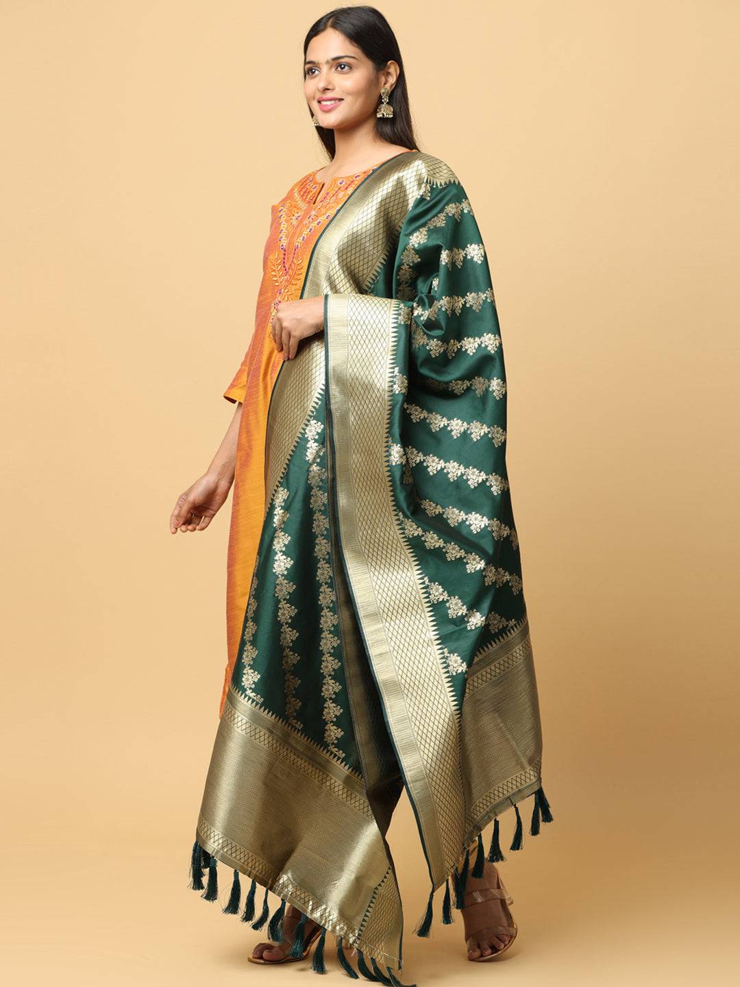 Bottle Green Colour Woven Design Dupatta