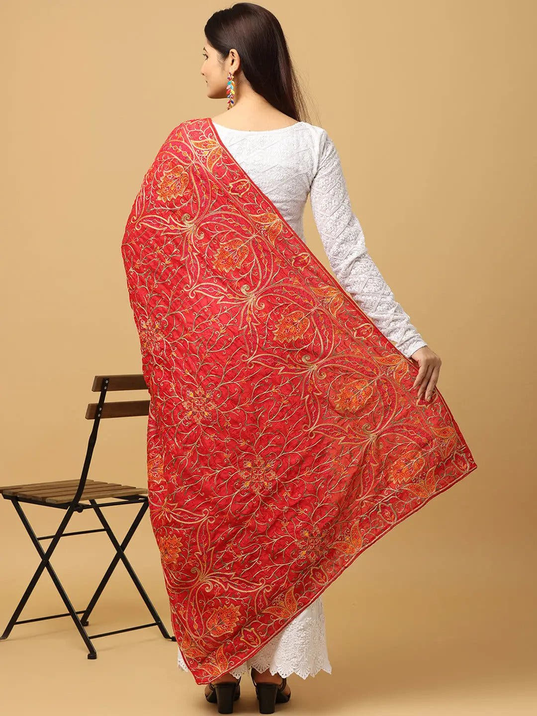 Red Fine Orange Floral Pashmina Dupatta