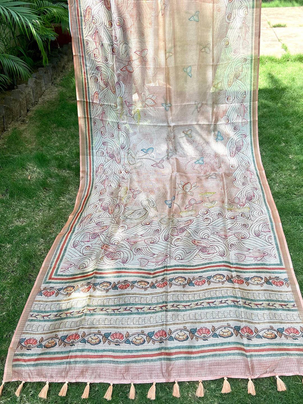 Peach Soft Kota Doriya Silk Saree With Flower Kalamkari Print