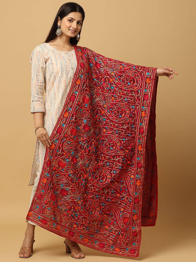 Wine Allover Paisley Border Pashmina Dupatta