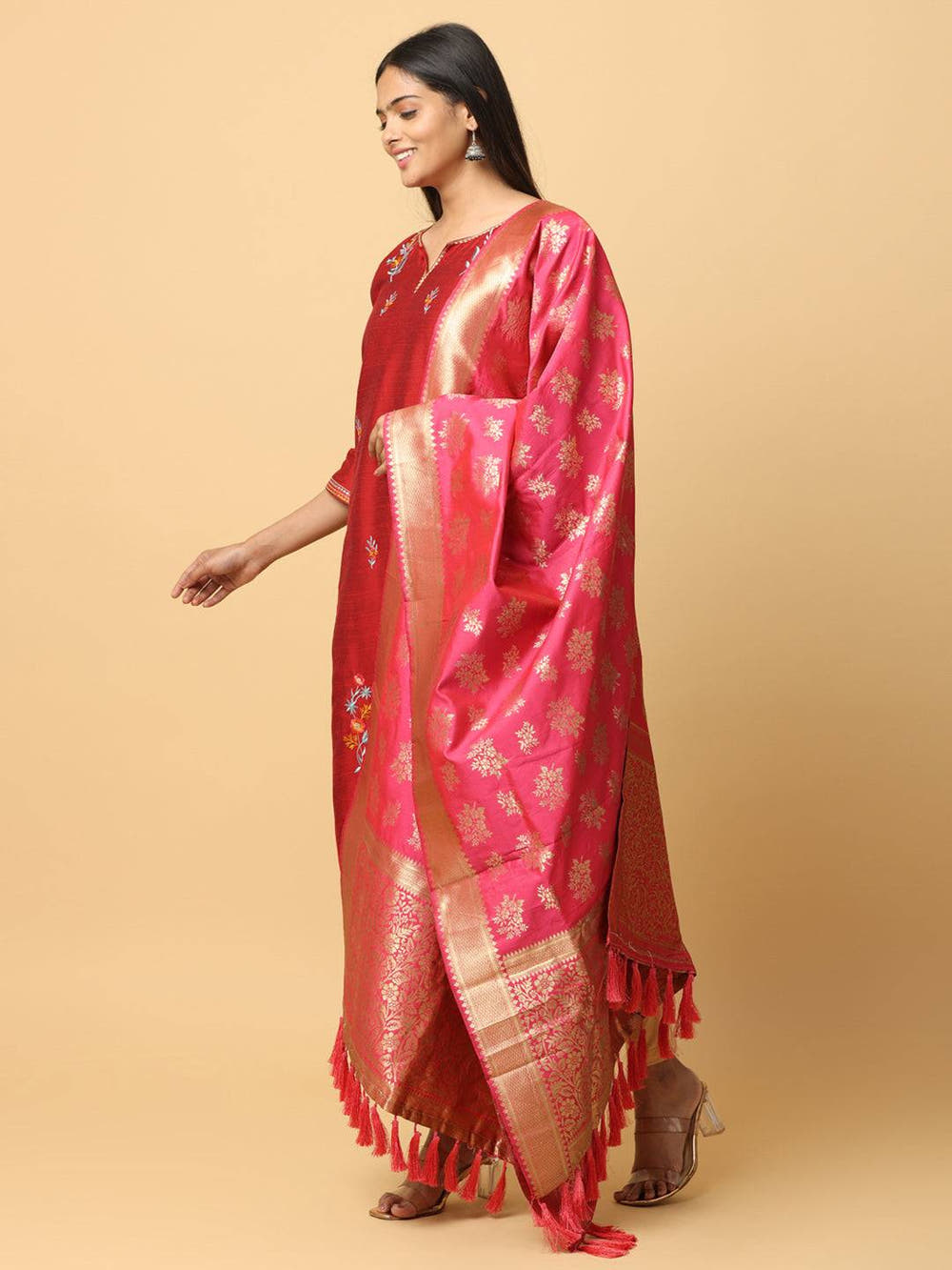 Woven Design Rani Silk Blend Dupatta With Resham Tassels