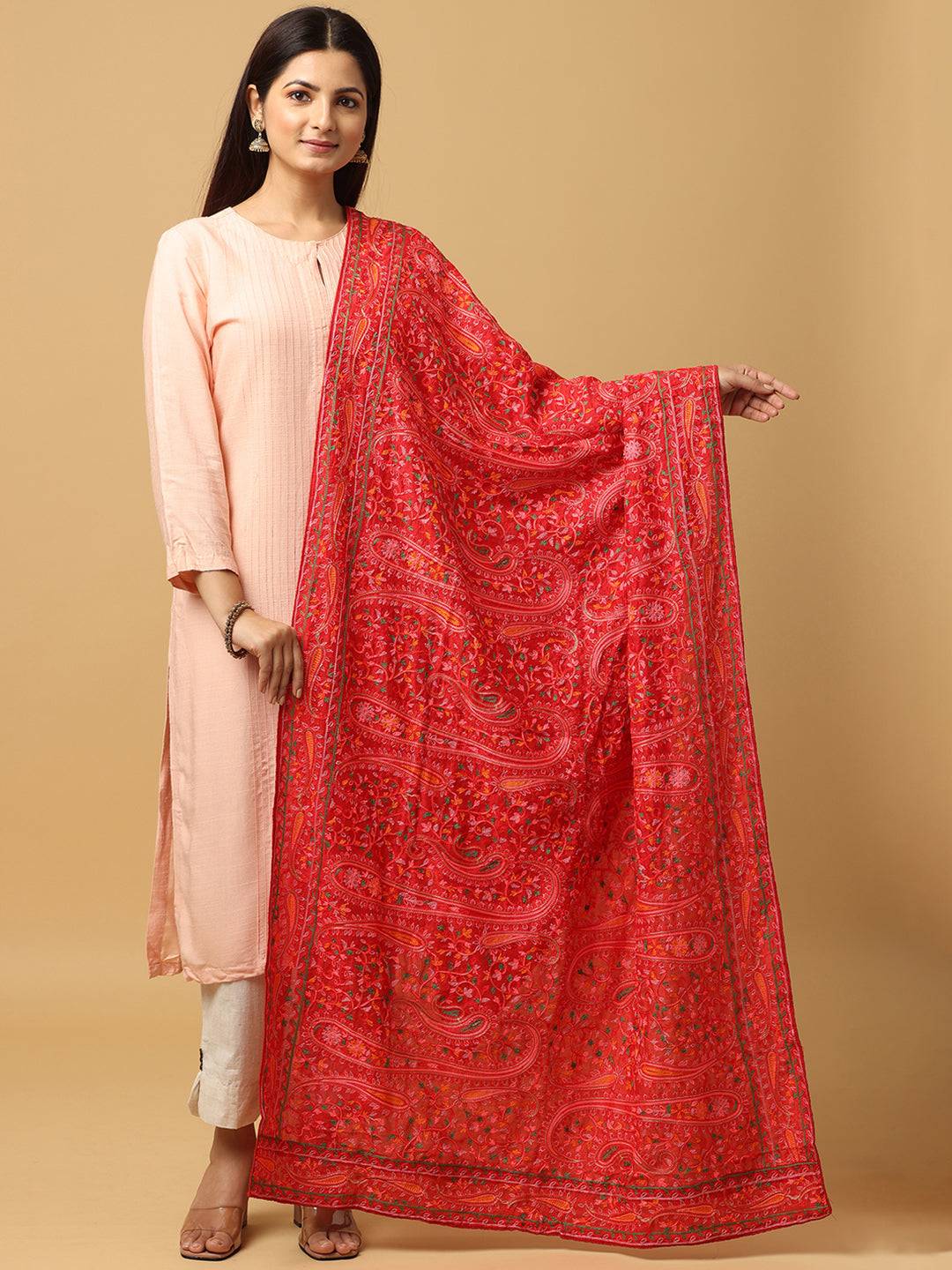 Red Fine Paisley Allover Pashmina Dupatta