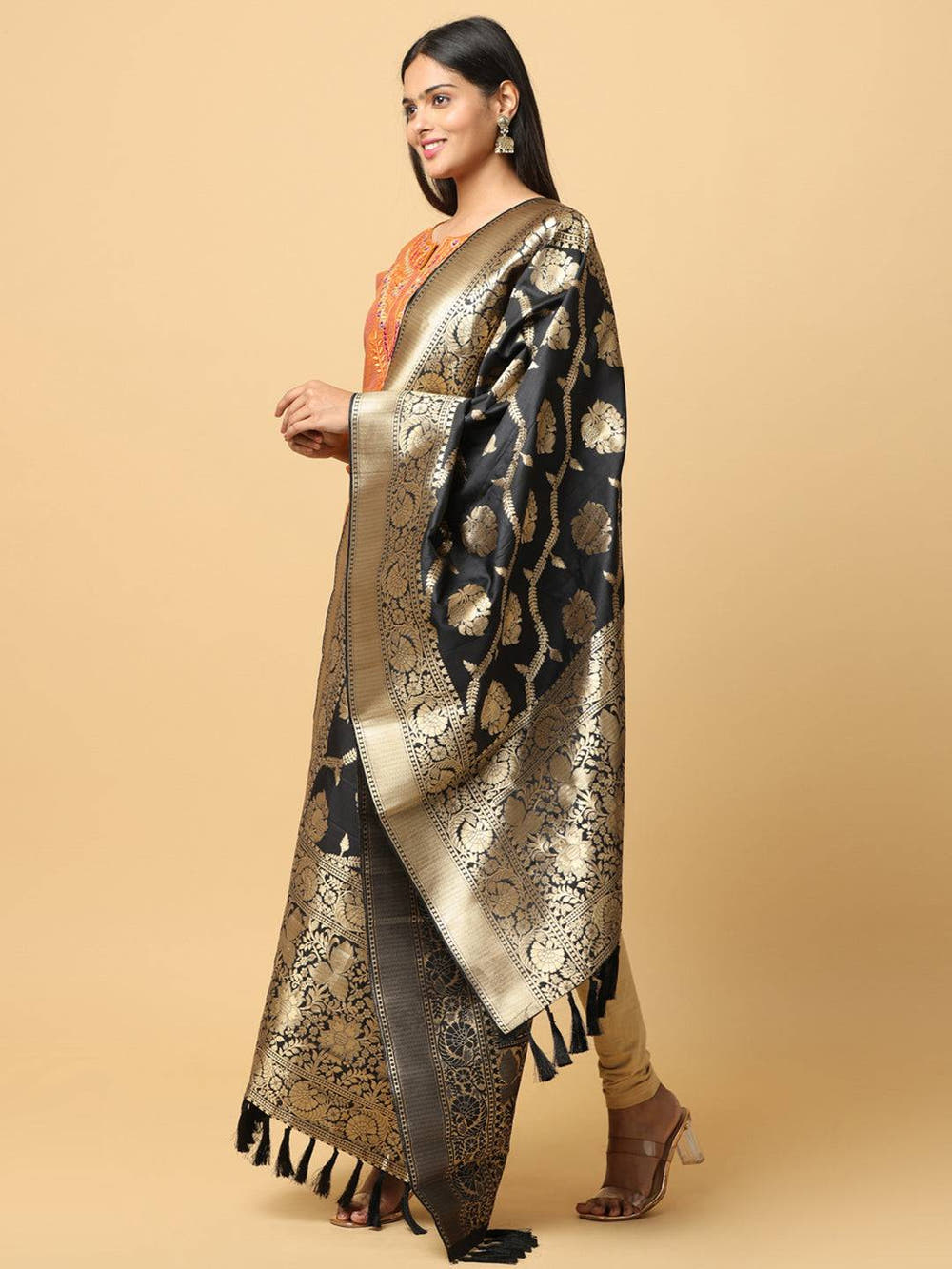 Black Silk Blend Woven Design Dupatta