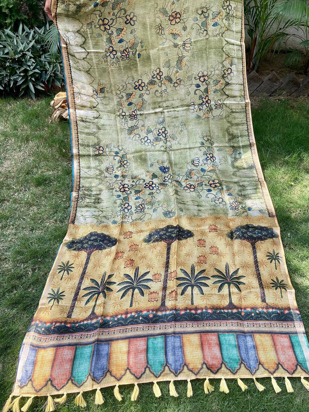Light Green Kota Doriya Silk Saree With Floral Print