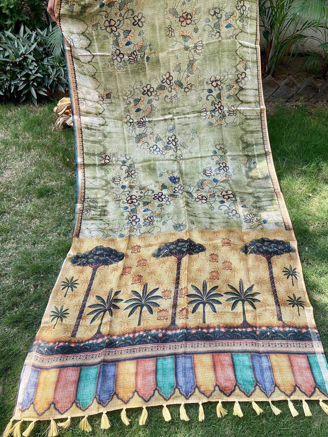 Light Green Kota Doriya Silk Saree With Floral Print