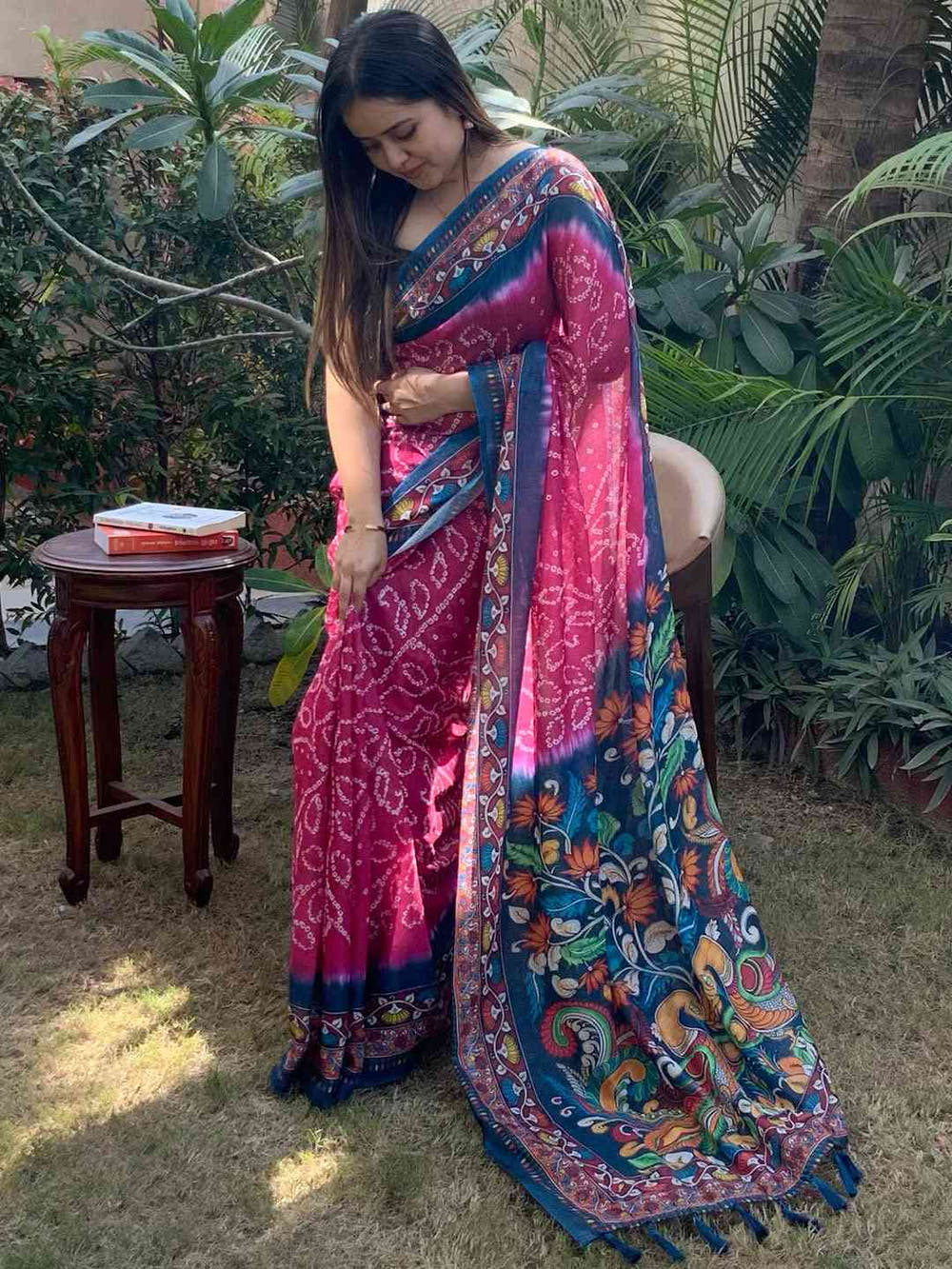 Linen Bandhej Kalamkari Digital Print Saree