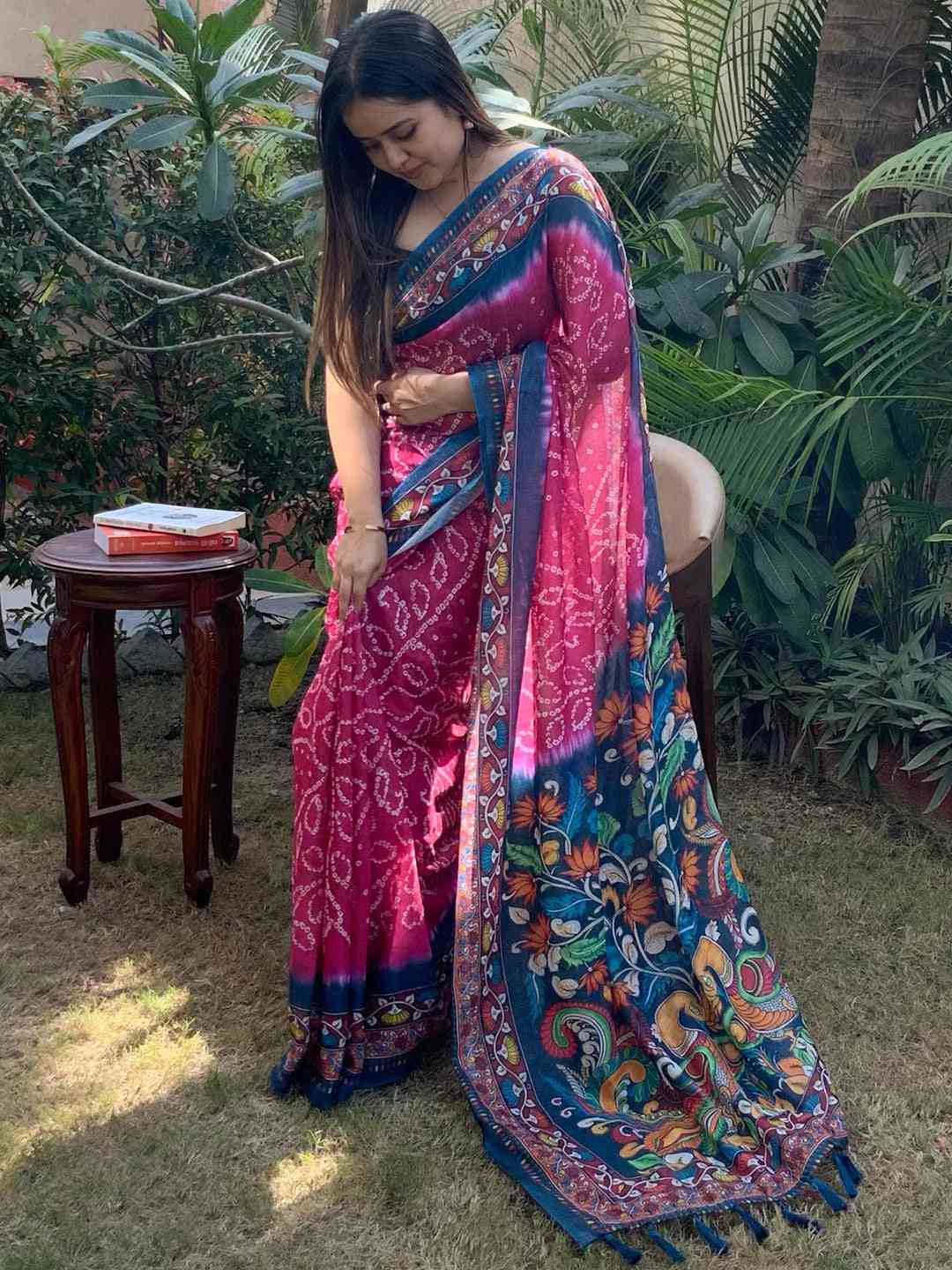 Linen Bandhej Kalamkari Digital Print Saree