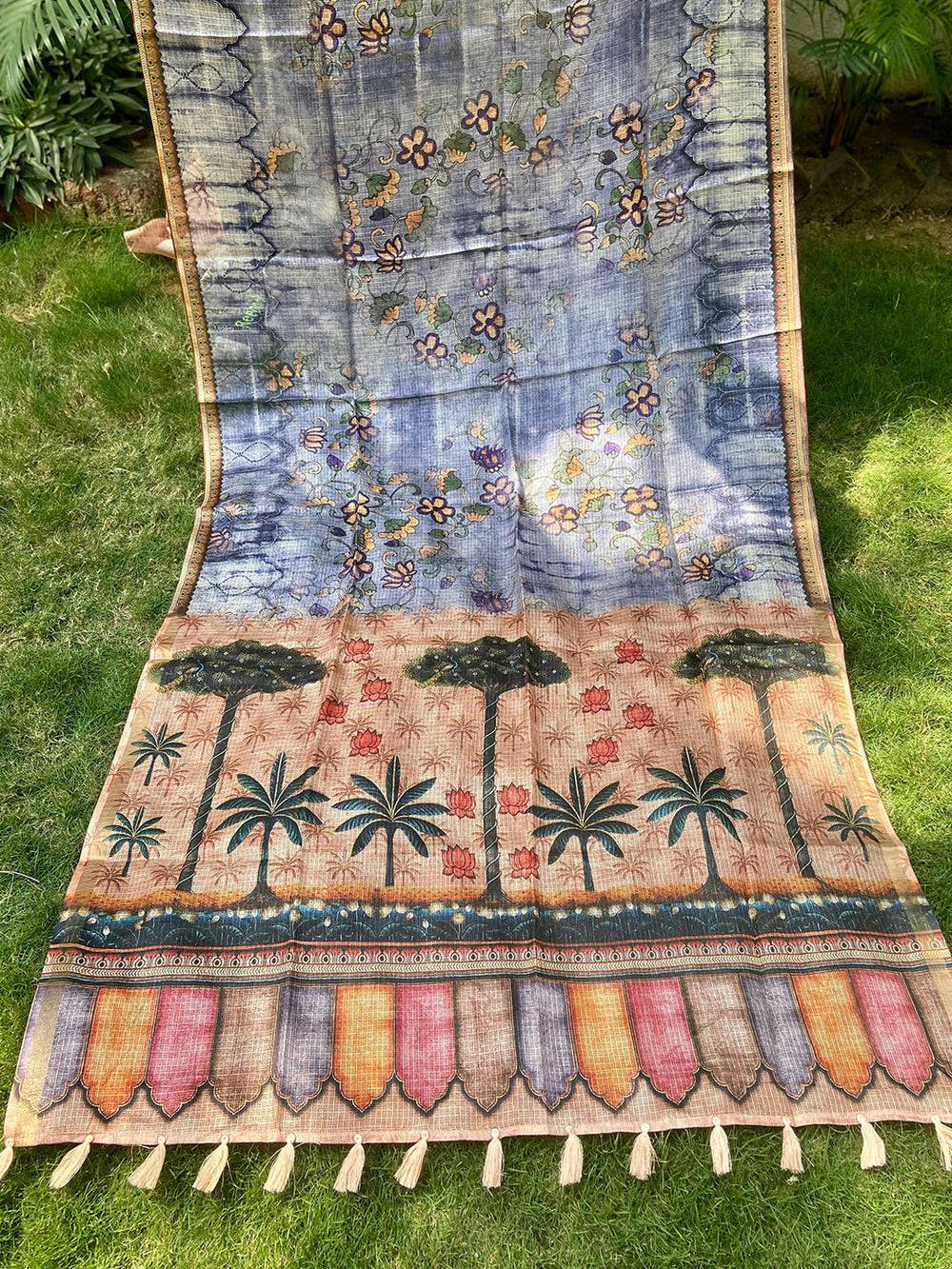 Blue Kota Doriya Silk Saree With Floral Print