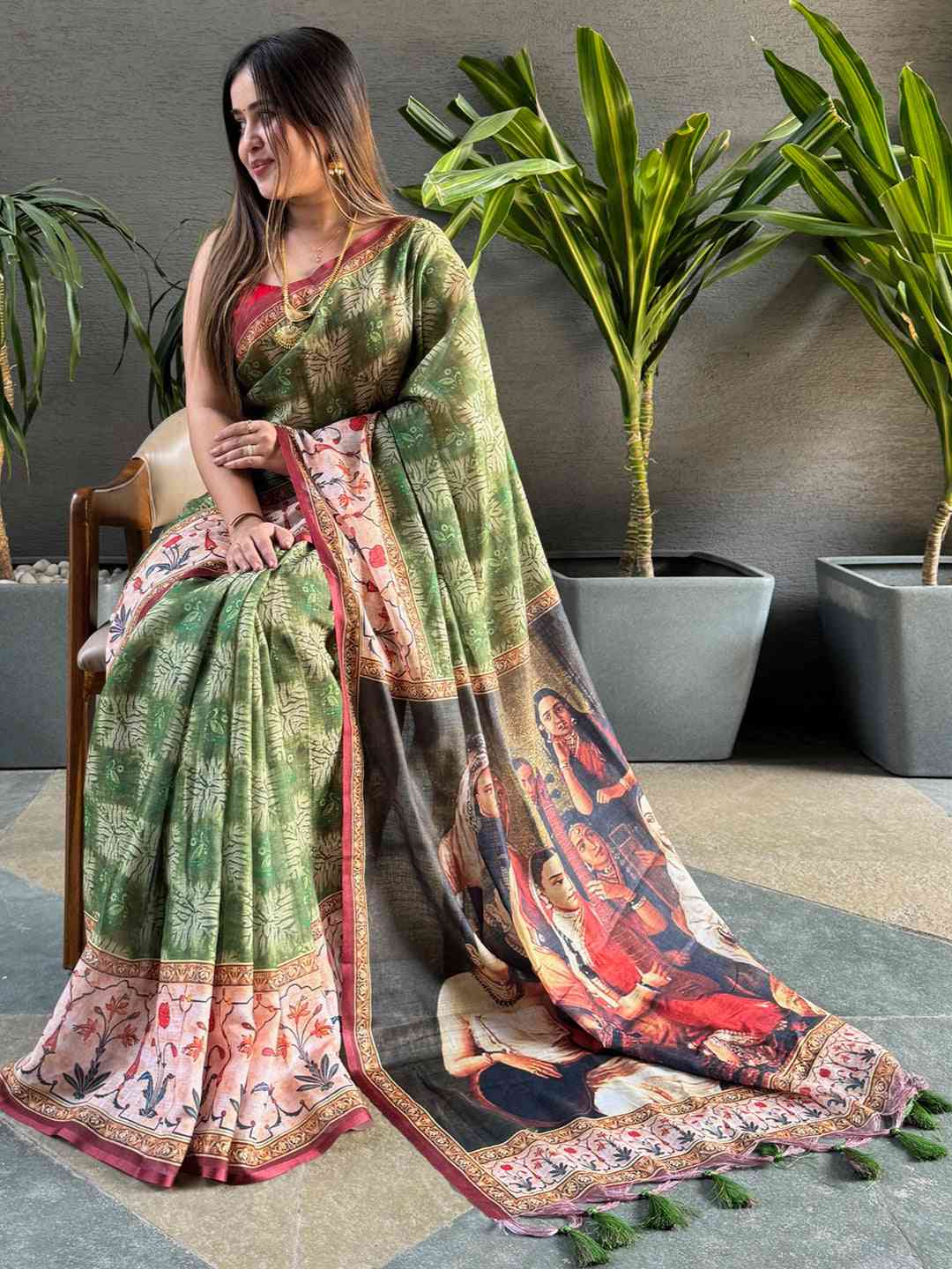 Green Colour Block Print Saree With kalamkari Print Pallu
