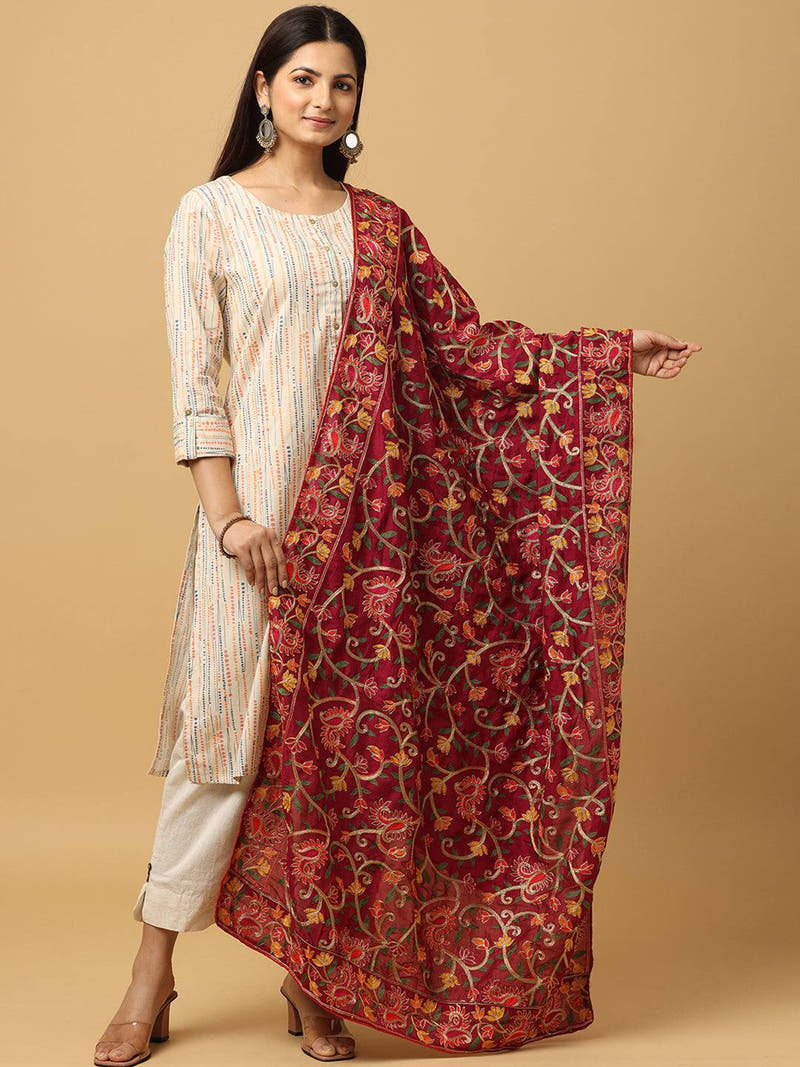 Wine Dense Floral Jaal Pashmina Dupatta