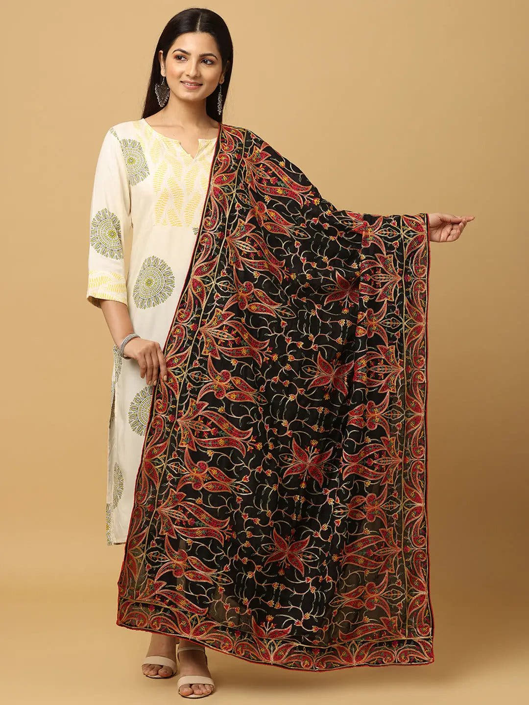 Black Brown Floral Vine Pashmina Dupatta