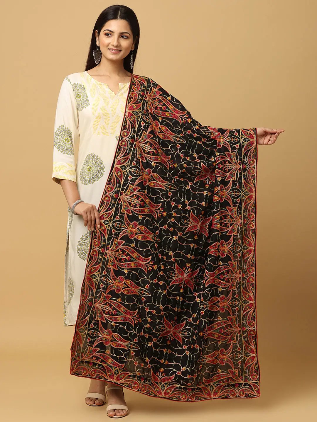 Black Brown Floral Vine Pashmina Dupatta