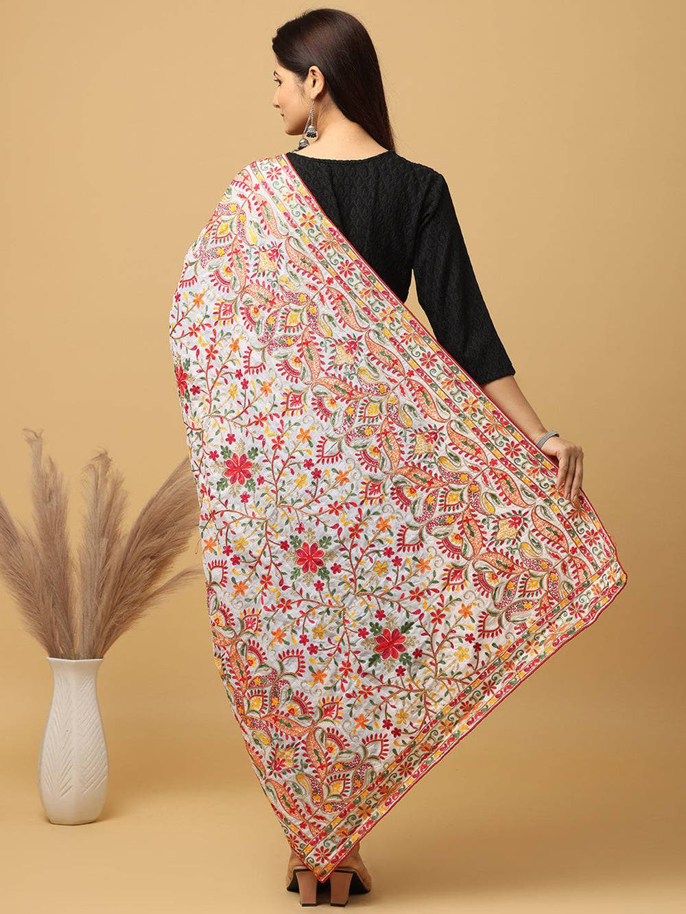 Ivory Multicolour Floral Pashmina Dupatta