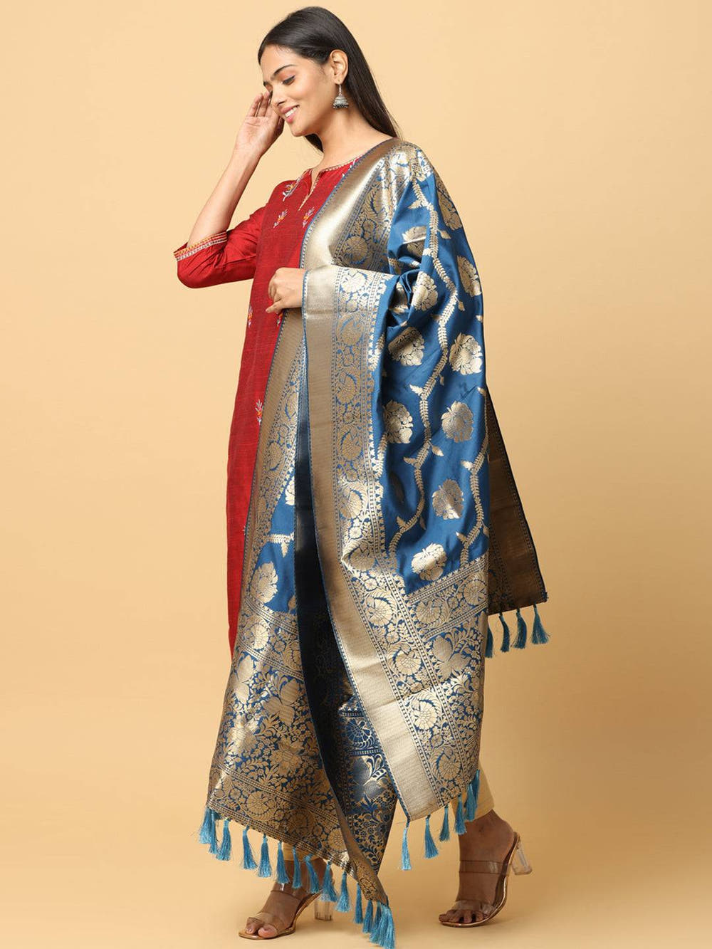 Royal Blue Silk Blend Woven Design Dupatta