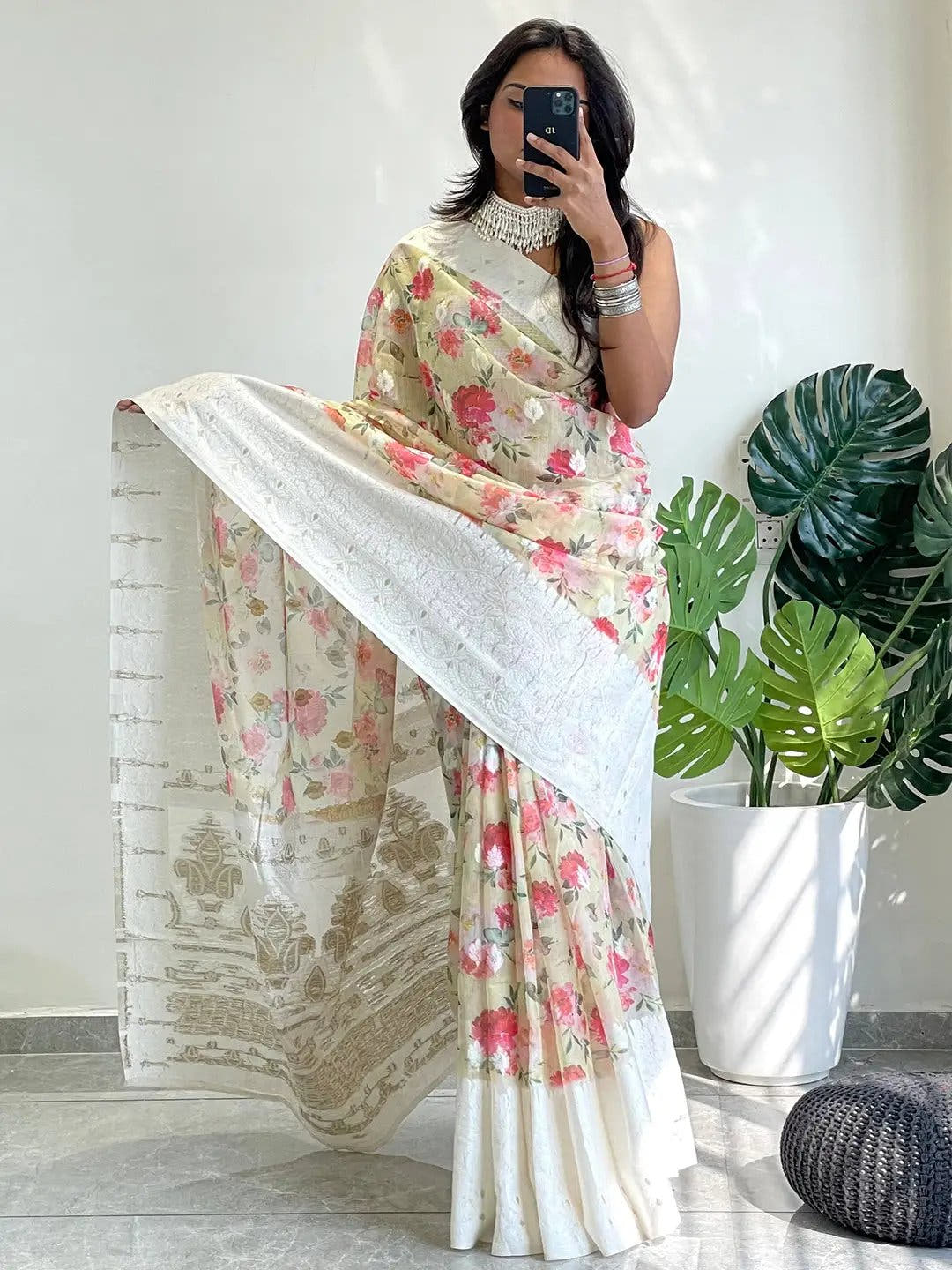 Multi Colour Digital Print Bollywood Saree in Lakhnavi Slub Pattern