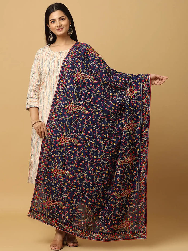 Navy Fine Paisley Border Pashmina Dupatta