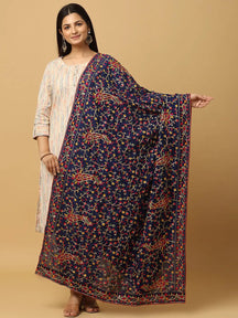 Navy Fine Paisley Border Pashmina Dupatta