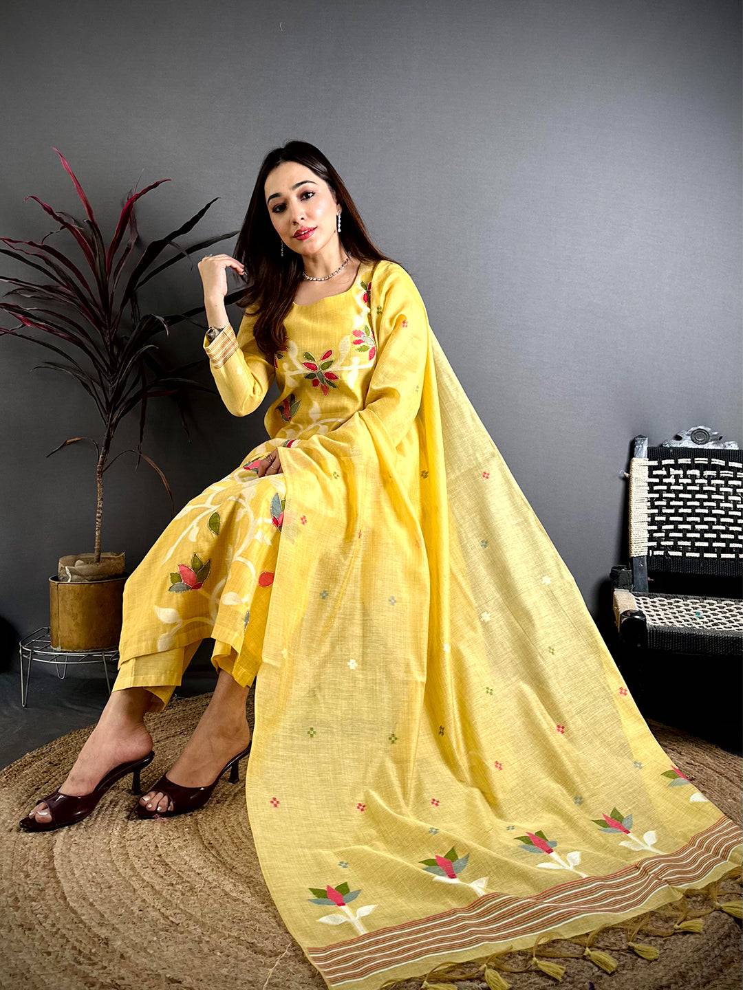 Yellow Floral Heritage Cotton Suit Set