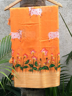 Orange Organza Pichwai Print Saree