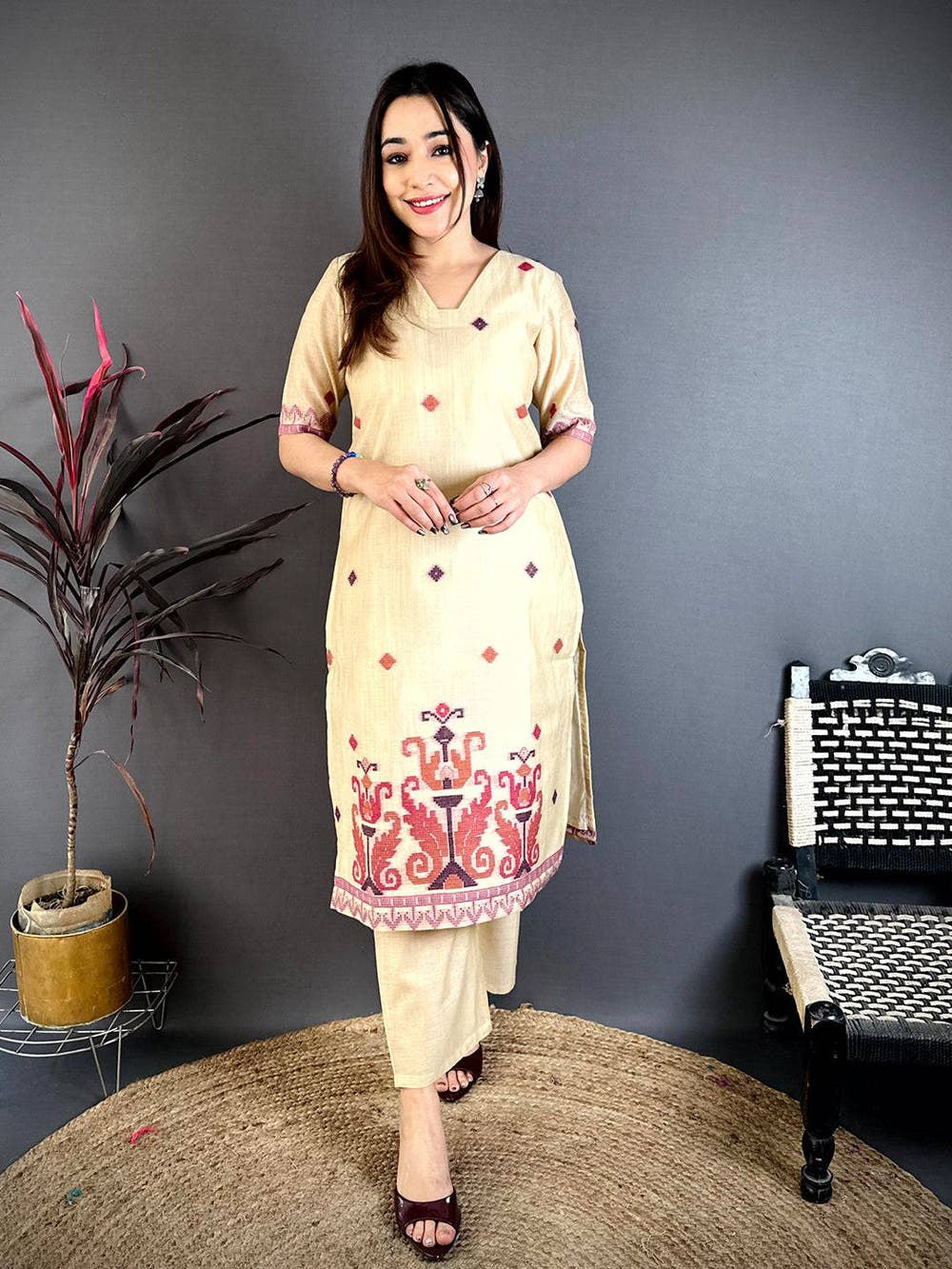 Classic Cream Floral Weave Dress