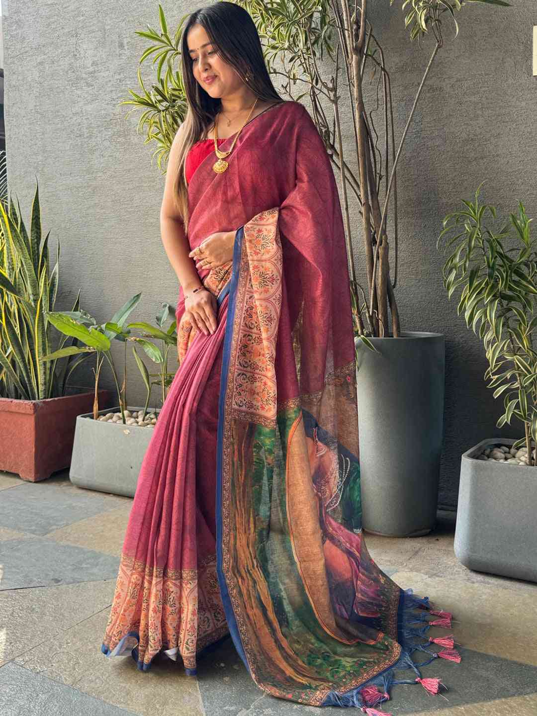 Burgundy Colour Ikkat Print Saree With kalamkari Block Print Design